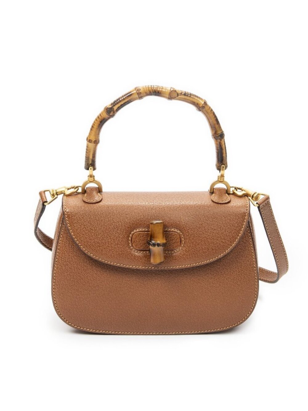 Gucci Small Bamboo Top Handle Flap Bag Brown Grain Calfskin Leather